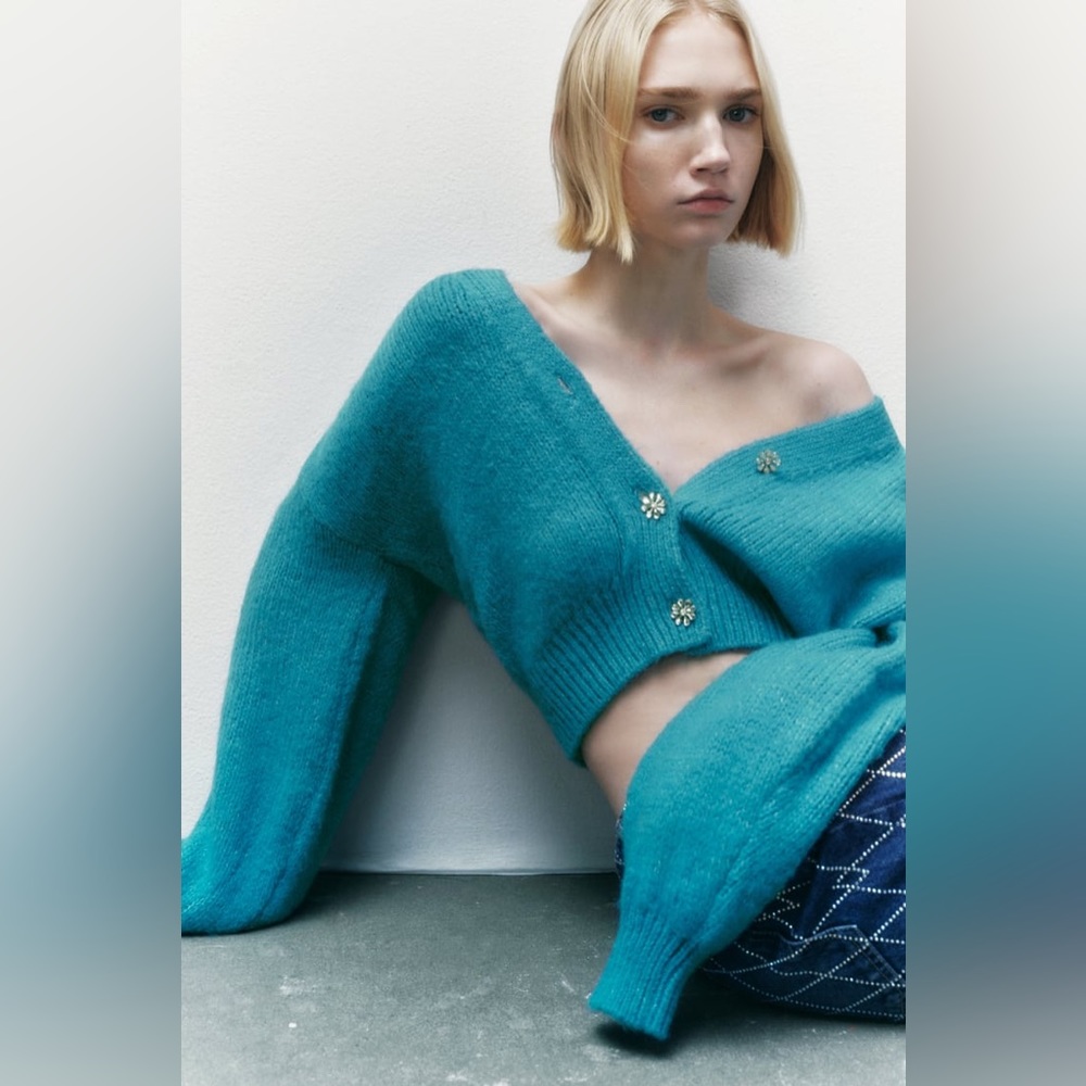 NWT Zara bright turquoise cropped cardigan balloon sleeve chunky rhinestone sz L